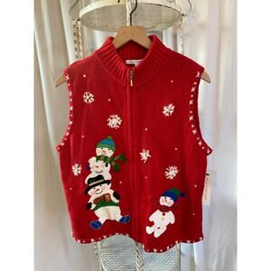 Mercer Street Studio Vest Red Christmas Applique Snowmen Embroider Snowflake Lg